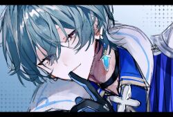  1boy absurdres armor artist_name black_border black_choker black_gloves black_jacket blue_background blue_eyes blue_gloves blue_shirt border cape choker collared_shirt commentary earrings empty_eyes eyelashes four-pointed_star genshin_impact gloves green_hair hair_between_eyes hand_up highres index_finger_raised jacket jewelry kk_kk_1111 lapels lohen_(genshin_impact) looking_at_viewer male_focus mole mole_under_eye multicolored_eyes open_clothes open_jacket open_mouth pink_eyes pink_pupils purple_cape shirt short_hair shoulder_armor single_earring smile solo star_(symbol) star_symbol_background two-sided_fabric two-sided_gloves two-sided_jacket untranslatable_commentary white_jacket 