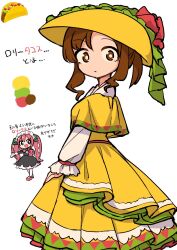 2girls black_dress bow bowtie bright_pupils brown_eyes brown_hair chibi chibi_inset commentary dress dress_under_shirt food-themed_hat frilled_dress frilled_hairband frilled_shirt frills from_side fun_bo green_eyes hairband hat highres kaiten_muten-maru lolita_fashion lolitako long_sleeves looking_at_viewer multiple_girls original personification pink_bow pink_bowtie pink_hair ponytail puffy_long_sleeves puffy_sleeves shirt short_ponytail side_part sidelocks simple_background taco tentacle_hair translation_request twintails white_background white_shirt yellow_dress yellow_hat 