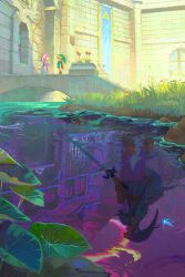  1boy 1girl brick_wall courtyard day different_reflection flower haedyllic highres holding holding_sword holding_weapon in-universe_location link master_sword navi outdoors perspective princess_zelda reflection scenery sunlight sword the_legend_of_zelda the_legend_of_zelda:_ocarina_of_time water weapon wide_shot young_link young_zelda 