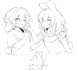 1boy 1girl :< aged_down animal animal_ears animalization blush caelus_(honkai:_star_rail) cheek_poking child closed_mouth collarbone crying crying_with_eyes_open dual_persona ears_down flying_teardrops hair_between_eyes hand_up hands_up hetero honkai:_star_rail honkai_(series) index_finger_raised kemonomimi_mode leonrui long_hair looking_at_another mixed-language_commentary monochrome one_eye_closed open_mouth person_and_animalization poking rabbit rabbit_boy rabbit_ears rabbit_girl rabbit_tail selfcest shirt short_hair short_sleeves sidelocks simple_background stelle_(honkai:_star_rail) t-shirt tail tears trailblazer_(honkai:_star_rail) upper_body 