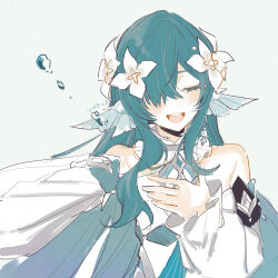  1girl aiwo_o_lite arm_up bare_shoulders breasts choker closed_eyes detached_sleeves dress earrings fins flower frilled_choker frills genshin_impact green_hair grey_choker hair_flower hair_ornament hair_over_one_eye hand_on_own_chest hand_up head_fins highres jewelry long_hair long_sleeves medium_breasts necklace open_mouth pearl_hair_ornament puffy_detached_sleeves puffy_long_sleeves puffy_sleeves sidelocks simple_background singing single_earring sleeveless sleeveless_dress smile solo teeth very_long_hair vodyanitsa_(genshin_impact) water_drop wavy_hair white_background white_dress white_flower white_sleeves 
