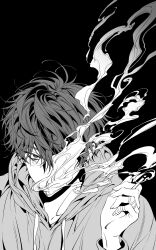 1boy absurdres black_background black_eyes black_hair cigarette greyscale highres holding holding_cigarette hood hoodie kimpyogo long_sleeves looking_at_viewer male_focus monochrome original short_hair smoking upper_body 