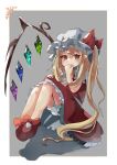  1girl absurdres aporro622 blonde_hair bloomers brown_eyes covering_mouth crystal flandre_scarlet full_body grey_background hair_between_eyes hand_on_own_knee hat highres long_hair mob_cap multicolored_wings pointy_ears puffy_short_sleeves puffy_sleeves red_footwear red_skirt red_vest shirt short_sleeves simple_background skirt solo touhou underwear very_long_hair vest white_bloomers white_headwear white_shirt wings 