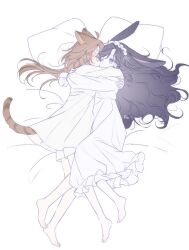  2girls absurdres animal_ears barefoot black_hair brown_hair cat_ears cat_girl cat_tail closed_eyes commentary cuddling dress highres hug isolde_(reverse:1999) kakania_(reverse:1999) multiple_girls one_eye_closed peura pillow rabbit_ears reverse:1999 sleeping tail untranslatable_commentary violet_eyes white_dress yuri 
