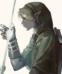  1boy arm_guards blonde_hair blue_eyes commentary_request earrings fingerless_gloves from_side gloves green_hat green_tunic hat highres holding holding_sword holding_weapon jewelry link male_focus master_sword otsubo_kiko parted_bangs phrygian_cap pointy_ears short_hair shoulder_belt simple_background solo sword the_legend_of_zelda tunic upper_body weapon 