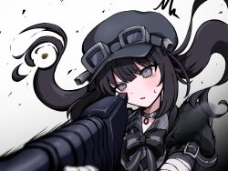  1girl aiming arm_belt bandaged_arm bandaged_hand bandages black_choker black_coat black_hair black_hat black_ribbon bullet choker coat collared_dress commentary_request dress dust furrowed_brow goggles goggles_on_headwear grey_dress grey_eyes gun hair_ornament hat highres holding holding_gun holding_weapon kurobe_nanoka long_hair mahou_shoujo_no_majo_saiban neck_ribbon plaid_clothes plaid_dress ribbon rifle solo twintails urada_silue weapon white_background 
