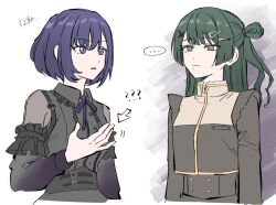  ... 2girls akiha_school_uniform akni bang_dream! bang_dream!_yumemita black_shirt commentary_request dress fuji_miyako_(real) green_hair hair_ornament hairclip hand_up korean_commentary long_hair long_sleeves mole mole_under_mouth multiple_girls one_side_up purple_dress purple_hair school_uniform shirt short_hair spoken_ellipsis upper_body viola_(bang_dream!) violet_eyes x_hair_ornament 