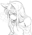  1girl animal_ears animal_nose bangs blush breasts cigarette commentary_request expressionless fox_ears fox_girl furry furry_female greyscale haioku_colonel half-closed_eyes highres long_hair monochrome mouth_hold off_shoulder original shiny shiny_hair shirt short_sleeves sidelocks simple_background single_bare_shoulder sketch small_breasts smoke smoking snout solo upper_body white_background 