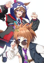 2girls absurdres animal_ears beanie biko_pegasus_(choi_waru_hero_kenzan!)_(umamusume) biko_pegasus_(umamusume) black_vest blue_eyes blue_necktie blush brown_hair claw_pose collared_shirt commentary_request diagonal-striped_clothes diagonal-striped_necktie ears_through_headwear grin hair_between_eyes hair_ornament hat highres horned_hat horse_ears horse_girl jacket long_sleeves looking_at_viewer multiple_girls necktie official_alternate_costume open_clothes open_jacket open_mouth open_vest purple_necktie round_eyewear sharp_teeth shinko_windy_(gabugabu_scamp)_(umamusume) shinko_windy_(umamusume) shirt short_hair skirt smile striped_clothes striped_necktie teeth teeth_print tinted_eyewear umamusume vest violet_eyes white_shirt wing_hair_ornament y_k_(user_maxh5525) 