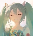  1girl bangs blue_flower bouquet bow collarbone commentary facing_viewer flower green_hair grin hair_between_eyes hair_bow hatsune_miku highres holding holding_bouquet long_hair portrait red_flower shiny shiny_hair smile solo twintails ufff8522 vocaloid white_bow yellow_flower 