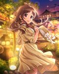  1girl antenna_hair architecture blurry blurry_background blush breasts brown_dress brown_hair dress east_asian_architecture floating_hair hat holding holding_clothes holding_hat idolmaster idolmaster_cinderella_girls lens_flare looking_at_viewer looking_back medium_breasts night official_art red_eyes smile solo stone_lantern striped striped_dress tsujino_akari 