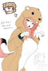  1girl animal_costume arknights blush breasts commentary dokonjou_(odossan) english_text fang gravel_(arknights) heart highres how_hungry..._(meme) large_breasts looking_at_viewer medium_hair meme nail_polish orange_eyes pink_hair pink_tail solo_focus squirrel_costume squirrel_girl tail 
