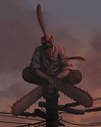  1boy absurdres black_necktie black_pants chainsaw chainsaw_man chainsaw_man_(character) collared_shirt commentary_request denji_(chainsaw_man) glowing glowing_eye highres keeeey kneeling long_tongue multiple_weapons necktie pants saliva sharp_teeth shirt sleeves_rolled_up sunset teeth tongue tongue_out transformation utility_pole weapon white_shirt 