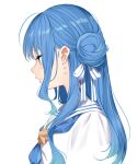  1girl absurdres bangs blue_eyes blue_hair blue_neckerchief closed_mouth earrings from_side hair_bun hair_ribbon highres hololive hoshimachi_suisei jewelry long_hair looking_away neckerchief portrait profile ribbon rinfamm sailor_collar shirt sidelocks simple_background solo virtual_youtuber white_background white_ribbon white_sailor_collar white_shirt 