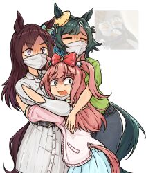  3girls agnes_digital_(casual)_(umamusume) agnes_digital_(umamusume) animal_ears arm_cutout black_pants blue_skirt bow brown_hair closed_eyes clothing_cutout ear_bow green_hair green_shirt grey_shirt grey_skirt hair_bow highres horse_ears horse_girl hug jacket kiseki_(casual)_(umamusume) kiseki_(umamusume) long_hair mask mask_pull mejiro_dober_(casual)_(umamusume) mejiro_dober_(umamusume) mouth_mask multiple_girls open_mouth pants pink_hair pink_jacket reference_inset shaded_face shirt skirt surgical_mask the_penguins_of_madagascar thomaresu umamusume violet_eyes 