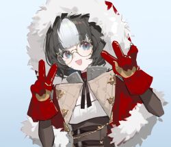  1girl :d aqua_eyes azur_lane black_hair black_ribbon black_sleeves blunt_bangs brown_corset capelet commentary_request corset eskimo_(azur_lane) fur-trimmed_capelet fur-trimmed_hood fur_trim glasses gloves gradient_eyes hood jacket medium_hair multicolored_eyes multicolored_gloves multicolored_hair oxiete red_capelet red_eyes red_gloves red_jacket ribbon round_eyewear shirt smile solo two-tone_gloves two-tone_hair upper_body white_background white_hair white_shirt yellow-framed_eyewear yellow_gloves 