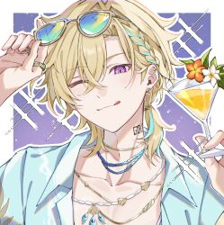  1boy :q ;q aqua_hair aventurine_(honkai:_star_rail) aventurine_(waveflair)_(honkai:_star_rail) blonde_hair blue-tinted_eyewear blue_shirt border braid collared_shirt commentary drink eyewear_on_head gradient-tinted_eyewear gradient_background highres holding holding_drink honkai:_star_rail honkai_(series) jewelry looking_at_viewer male_focus multicolored_hair multiple_necklaces multiple_rings neck_tattoo necklace nya_inuha one_eye_closed outline ponytail purple_background ring shirt short_hair short_ponytail short_sleeves solo sparkle streaked_hair sunglasses tattoo tinted_eyewear tongue tongue_out untranslatable_commentary upper_body white_border 