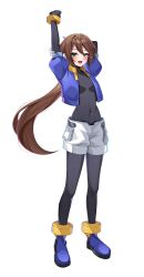  1girl absurdres aile_(mega_man_zx) bodysuit boots breasts brown_hair cargo_shorts commission commissioner_upload covered_navel eyelashes gloves green_eyes highres jacket long_bangs long_hair looking_at_viewer low_ponytail mechanical_ears mega_man_(series) mega_man_zx mega_man_zx_advent non-web_source open_clothes open_jacket open_mouth petite ponytail short-sleeved_jacket short_sleeves shorts small_breasts solo stretching thighs transparent_background wayanfa white_shorts 