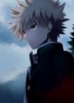  1boy absurdres bakugou_katsuki bangs black_coat black_hair blonde_hair blue_sky boku_no_hero_academia buttons closed_mouth clouds cloudy_sky coat collared_coat commentary_request eyebrows_hidden_by_hair from_side high_collar highres male_focus multicolored_hair orange_eyes outdoors short_hair sky solo spiky_hair sunlight tirudo29 tree two-tone_hair upper_body 
