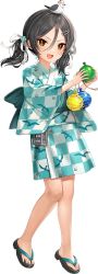  1girl animal_on_head animal_print bird bird_on_head bird_print black_hair blue_kimono brown_eyes checkered_clothes checkered_kimono depth_charge full_body hair_between_eyes hair_ornament hairclip holding hoshiakari_(c2_kikan) inagi_(kancolle) inagi_(yukata)_(kancolle) inagi_kai_ni_(kancolle) japanese_clothes kantai_collection kimono long_hair official_art on_head open_mouth sandals seagull short_kimono smile solo transparent_background twintails water_yoyo yukata 