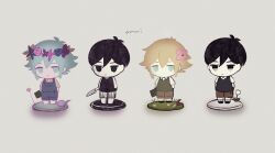  4boys antenna_hair basil_(faraway)_(omori) basil_(headspace)_(omori) basil_(omori) black_eyes black_hair black_sweater_vest black_tank_top blonde_hair blue_eyes blue_overalls book brown_shorts chibi chibi_only closed_mouth collared_shirt colored_skin commentary_request copyright_name double-parted_bangs dual_persona expressionless flower flower_wreath green_eyes green_hair green_shirt green_sweater_vest grey_background hair_flower hair_ornament head_wreath highres holding holding_book holding_knife knife looking_at_viewer male_focus miyashita_miro multiple_boys omori omori_(omori) overall_shorts overalls parted_lips shirt short_sleeves shorts sidelocks simple_background smile striped_clothes striped_shorts sunny_(omori) sweater_vest tank_top tulip vertical-striped_clothes vertical-striped_shorts white_flower white_shirt white_shorts white_skin white_tulip 
