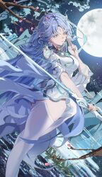  1girl bare_shoulders blue_dress blue_eyes blue_hair breasts commentary_request dress earrings emutaro fiery_horns forehead_tattoo gradient_clothes gradient_dress hair_intakes hand_to_blade highres holding holding_sword holding_weapon horns jewelry large_breasts light_smile long_hair looking_at_viewer qingxiao_(wuthering_waves) solo sword sword_fingers tacet_mark_(wuthering_waves) tattoo thigh-highs weapon white_dress white_thighhighs wuthering_waves 