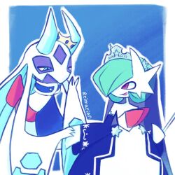  artist_name blue_background blue_eyes colored_sclera colored_skin commentary crown detached_sleeves dress english_commentary froslass froslass_(royal_winter) gardevoir gardevoir_(royal_winter) highres horns mega_froslass mega_gardevoir mega_pokemon pokemon pokemon_(creature) pokemon_cafe_remix red_eyes reimarianexists simple_background tiara white_dress white_skin yellow_sclera 