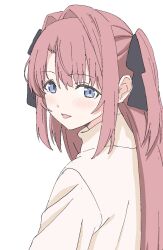  1girl black_ribbon blue_eyes blush gaburiasusuko hair_intakes hair_ribbon highres kamiina_botan kamiina_botan_yoeru_sugata_wa_yuri_no_hana long_hair looking_at_viewer looking_back open_mouth pink_hair ribbon simple_background solo sweater turtleneck turtleneck_sweater two_side_up 