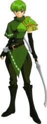  1boy armor belt boots bow_(weapon) bowl_cut brown_belt elbow_gloves fingerless_gloves fire_emblem fire_emblem:_mystery_of_the_emblem full_body gloves green_boots green_eyes green_gloves green_hair holding holding_bow_(weapon) holding_weapon koya_katsuyoshi looking_at_viewer official_art ryan_(fire_emblem) short_hair shoulder_armor smile solo weapon 