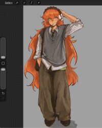  1girl arm_up baggy_pants black_shoes bow brown_hairband brown_pants closed_mouth commentary english_commentary full_body green_eyes grey_background grey_sweater_vest hair_bow hairband highres ishmael_(project_moon) limbus_company long_sleeves looking_at_viewer pants project_moon rope shirt shoes sidelocks simple_background solo sweater_vest white_bow white_shirt yurilcb67 