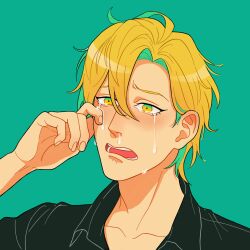  1boy ahoge aqua_background aqua_eyes aqua_streaks black_shirt blonde_hair blush collarbone collared_shirt crying crying_with_eyes_open curtained_hair ear_blush empty_eyes fingernails furrowed_brow hair_between_eyes hand_up highres hypnosis_mic izanami_hifumi looking_ahead male_focus multicolored_eyes multicolored_hair natalia_baldina nose_blush parted_bangs peanut_mouth portrait raised_inner_eyebrows shirt short_hair simple_background snot solo streaked_hair tears two-tone_eyes wiping_tears yellow_eyes 