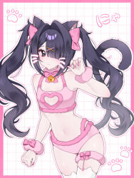 1girl alternate_costume alternate_hairstyle ame-chan_(needy_girl_overdose) animal_ears bell black_eyes black_hair border bow bra cat_ears cat_paw cat_tail clothing_cutout collar commentary english_commentary frown grid_background hair_bow hair_intakes hair_ornament hair_over_one_eye hand_up heart_cutout highres jewelry long_hair midriff navel neck_bell needy_girl_overdose no_nose outline outside_border panties pink_border pink_bra pink_collar pink_nails pink_panties pink_ribbon raised_eyebrows ribbon ribbon-trimmed_collar ribbon_trim ruru_(r_uru16) scrunchie tail thigh-highs thighlet twintails underwear untranslatable_commentary white_background white_outline white_thighhighs wrist_scrunchie x_hair_ornament 