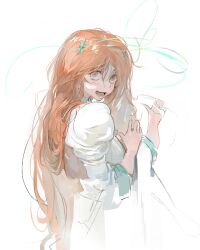  1girl :d absurdres bleach bleach:_sennen_kessen-hen breasts brown_eyes collared_shirt commentary cropped_torso from_side hair_between_eyes hair_ornament hair_over_shoulder hairclip hands_up highres inoue_orihime inoue_orihime_(sennen_kessen-hen) juliet_sleeves kanji_(nievart) large_breasts long_hair long_sleeves looking_at_viewer lower_teeth_only motion_lines open_mouth orange_hair puffy_sleeves shirt simple_background sketch smile solo teeth upper_body upturned_eyes very_long_hair white_background white_shirt 