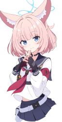  1girl animal_ear_fluff animal_ears armband black_gloves black_sailor_collar blue_archive blue_eyes blue_halo blush commentary_request fingerless_gloves fox_ears fox_girl gloves halo highres long_sleeves looking_at_viewer memoi midriff_peek neckerchief niko_(blue_archive) pink_hair red_armband red_gloves red_neckerchief sailor_collar school_uniform serafuku shirt short_hair simple_background skirt smile solo tactical_school_uniform throat_microphone white_background white_shirt 