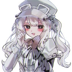  1girl :d alternate_color arm_belt artist_name asymmetrical_gloves bandaged_arm bandaged_hand bandages black_eyes choker closed_mouth coat collared_dress dot_nose dress gloves goggles goggles_on_headwear hair_ornament hat highres inverted_colors kurobe_nanoka long_hair looking_at_viewer mahou_shoujo_no_majo_saiban neck_ribbon noa_rei open_mouth plaid_clothes plaid_dress ribbon signature simple_background smile solo twintails twitter_username unmoving_pattern upper_body white_background white_choker white_coat white_dress white_gloves white_hair white_hat white_ribbon 