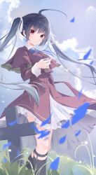  1girl absurdres ankle_strap black_hair black_socks blue_ribbon brown_capelet brown_dress capelet clouds cloudy_sky collared_shirt commentary_request cross day dress earphones eyelashes eyes_visible_through_hair falling_petals feet_out_of_frame floating_clothes floating_hair frilled_dress frills grass hair_between_eyes hair_ribbon hand_up highres holding holding_mp3_player honma_misuzu kneehighs lace-trimmed_ribbon lace_trim long_hair long_sleeves looking_at_viewer medium_dress mp3_player neck_ribbon outdoors parted_lips petals red_eyes ribbon royal_zeng sakura_no_toki sakura_no_uta school_uniform shirt sidelocks sky socks solo standing twintails upskirt very_long_hair white_ribbon white_shirt 
