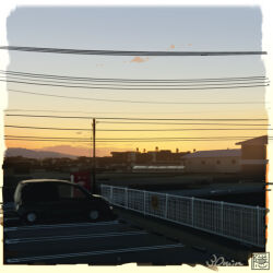  blue_sky car clouds commentary_request completion_time evening gradient_sky house motor_vehicle mountain no_humans original outdoors parking_lot power_lines railing scenery signature sky utility_pole vehicle_request vending_machine yellow_sky yk_funa 