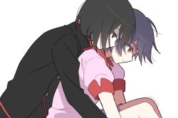  2girls absurdres black_eyes black_hair blazer bob_cut brown_eyes commentary dated empty_eyes highres hug hug_from_behind jacket kanbaru_suruga long_sleeves looking_ahead manimani_(mani_ma) monogatari_(series) multiple_girls naoetsu_high_school_uniform oshino_ougi red_trim school_uniform short_hair short_sleeves skirt sleeves_past_wrists thighs upper_body white_background yuri 