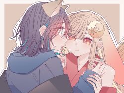  2girls absurdres animal_ears blonde_hair blue_hoodie blue_nails blue_streaks border brown_background cho_kaguya-hime! closed_mouth commentary crescent crescent_hair_ornament eye_contact fox_ears green_eyes grey_border hair_ornament hand_on_another's_chin highres hood hoodie japanese_clothes kaguya_(cho_kaguya-hime!) kaguya_(tsukuyomi)_(cho_kaguya-hime!) kimono kousaka_0v0 long_hair looking_at_another multicolored_hair multiple_girls outline parted_lips pink_nails pout purple_hair rabbit_ears red_eyes red_kimono sakayori_iroha sakayori_iroha_(tsukuyomi) simple_background streaked_hair sweatdrop white_outline yuri 