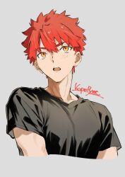  1boy artist_name black_shirt commentary_request crew_neck emiya_shirou fate/stay_night fate_(series) grey_background highres koperyne male_focus open_mouth orange_eyes red_hair shirt short_hair short_sleeves solo teeth upper_teeth_only 