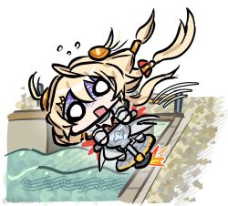 1girl ahoge al_7xyz blonde_hair falling flying_sweatdrops highres long_hair motor_vehicle o_o on_scooter open_mouth phoenix_reffaella scooter solo tripping water zenless_zone_zero 