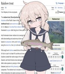  ahoge animal black_sailor_collar blonde_hair blush character_request check_character check_copyright collarbone commentary copyright_request cowboy_shot dot_nose double-parted_bangs english_commentary english_text eternalsoulrape fins fish girls_frontline grey_eyes hair_between_eyes highres holding holding_animal holding_fish low_ponytail m200_(girls'_frontline) ponytail rainbow_trout sailor_collar screenshot_background shorts standing suspender_shorts suspenders trout wikipedia 