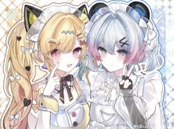  2girls animal_ears apron artist_name bang bang_dream! bang_dream!_yumemita black_gloves blonde_hair blue_hair blush bow closed_mouth commentary_request dream! dress fake_animal_ears fingerless_gloves gloves gradient_hair grey_eyes grey_hair hair_bow hair_ornament hairclip heart highres kure_0804 long_hair long_sleeves looking_at_viewer maid maid_headdress minetsuki_ritsu multicolored_hair multiple_girls nakamachi_arale open_mouth pink_eyes pink_hair red_eyes short_hair smile twintails upper_body v watermark white_bow 
