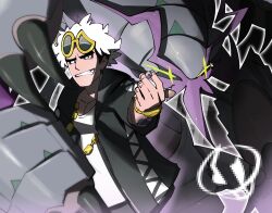  1boy antennae black_claws black_jacket black_sclera claws colored_sclera colored_skin cross-shaped_pupils danii_mouwry extra_arms eyewear_on_head facial_hair giant_isopod golisopod grey_skin guzma_(pokemon) highres hood hooded_jacket isopod jacket mega_golisopod mega_pokemon multicolored_hair multicolored_skin mustache pokemon pokemon_(creature) pokemon_sun_and_moon purple_skin purple_trim shirt short_sleeves smile sunglasses symbol-shaped_pupils team_skull teeth two-tone_hair two-tone_skin undercut v-shaped_eyebrows v-shaped_eyes white_hair white_shirt yellow-framed_eyewear yellow_eyes 