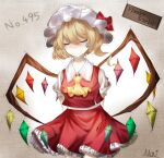  1girl ascot blonde_hair breasts brown_background character_name closed_eyes collared_shirt commentary_request cowboy_shot english_commentary flandre_scarlet frilled_skirt frills hair_between_eyes hat highres kinpatu_mai medium_hair mixed-language_commentary mob_cap multicolored_wings no_mouth outline puffy_short_sleeves puffy_sleeves red_skirt red_vest shirt short_sleeves simple_background skirt skirt_set small_breasts solo touhou vest white_headwear white_shirt wings yellow_ascot 