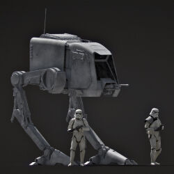  2boys armor at-pt commentary echenry1 energy_gun english_commentary full_armor gun highres holding holding_gun holding_weapon looking_at_viewer mecha multiple_boys pauldrons robot shoulder_armor single_pauldron soldier star_wars stormtrooper walker_(robot) weapon white_armor 