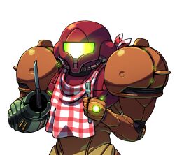  1girl commentary discount-supervillain english_commentary fork helmet holding holding_fork holding_knife knife metroid samus_aran simple_background solo transparent_background upper_body 