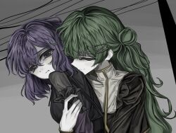  2girls akiha_school_uniform bang_dream! bang_dream!_yumemita bob_cut commentary dress fuji_miyako fuji_miyako_(real) green_hair hair_bun hair_ornament hairclip hug hug_from_behind long_hair long_sleeves mole mole_under_mouth multiple_girls one_side_up purple_hair school_uniform single_side_bun untranslatable_commentary viola_(bang_dream!) violet_eyes x_hair_ornament xjtrfhy735 yuri 