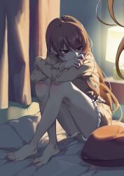  1girl backlighting bare_legs barefoot blush brown_eyes brown_hair cellphone cheese_kang commentary covered_mouth crossed_legs curtains desk_lamp flip_phone hair_down highres holding holding_phone hugging_own_legs knee_blush lamp long_hair long_sleeves looking_down looking_to_the_side ogiso_setsuna on_bed pajamas phone pillow shorts untranslatable_commentary very_long_hair white_album_(series) white_album_2 