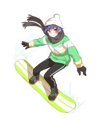  1girl absurdres black_boots black_gloves black_hair black_pants black_scarf boots coat commentary full_body gloves hat highres kanbaru_suruga knit_hat looking_ahead manimani_(mani_ma) monkey monogatari_(series) pants red_eyes scarf short_hair snow snowboard snowboarding solo white_background white_hat winter_clothes winter_coat 